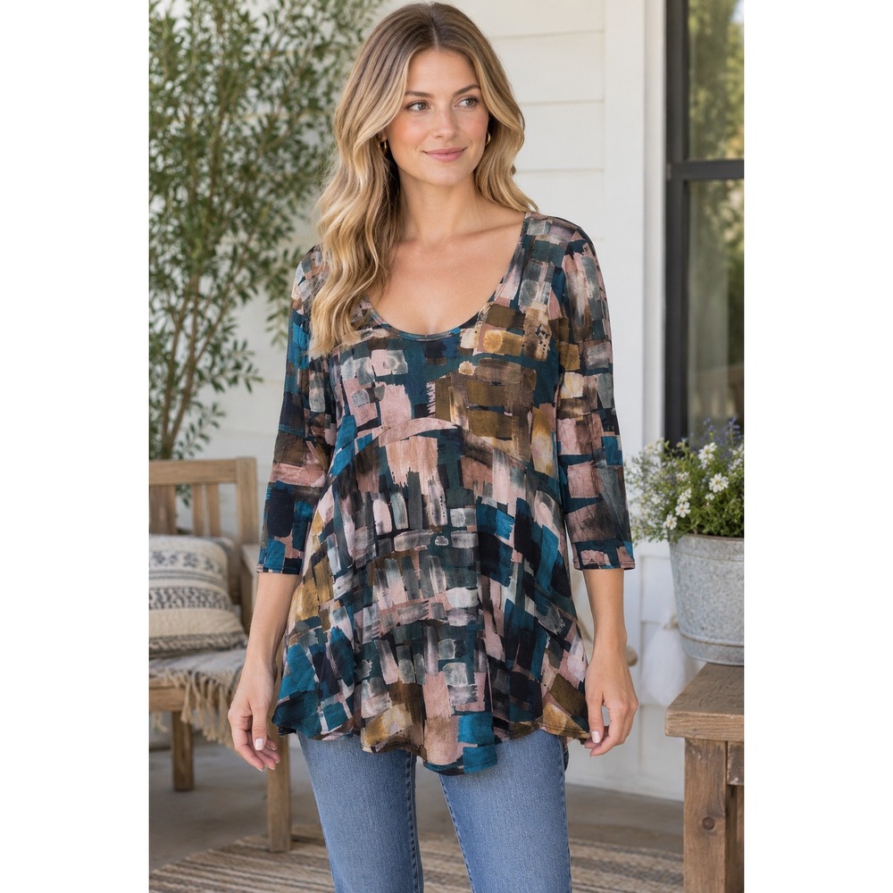 Salaam Women Abstract Brushstroke Empire Waist 3/4 Sleeve Tunic Top Small USA